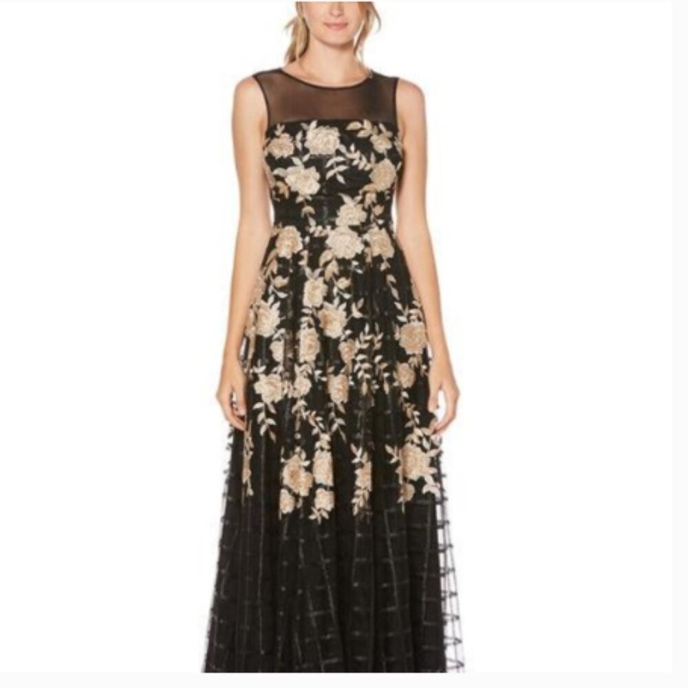 Laundry By Shelli Segal Black Maxi Dress with Gold Floral Embroidery